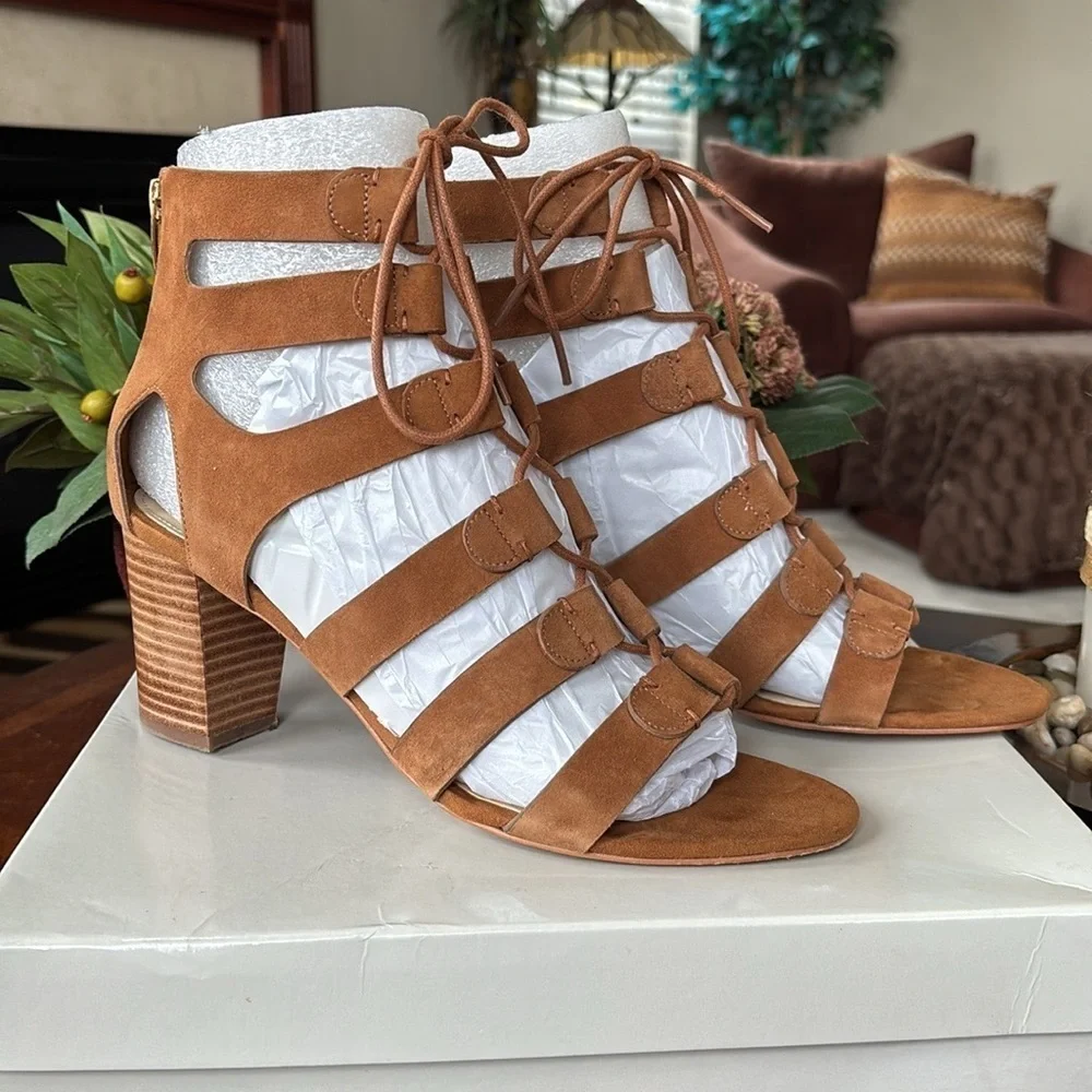 Marc Fisher Paradox Medium Brown Suede Lace Up Block Heel Sandals Back Zipper